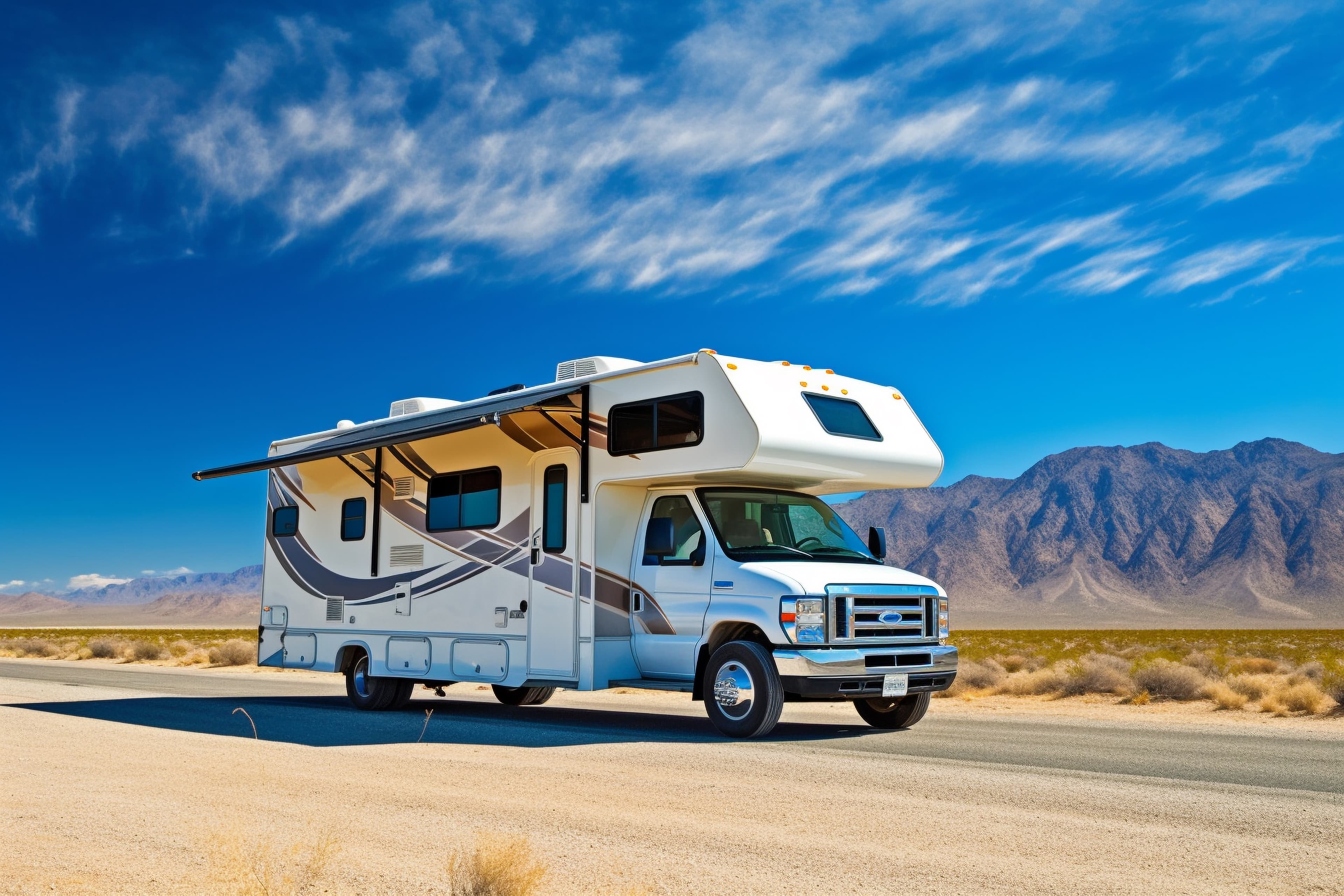RV parked on a desert road
