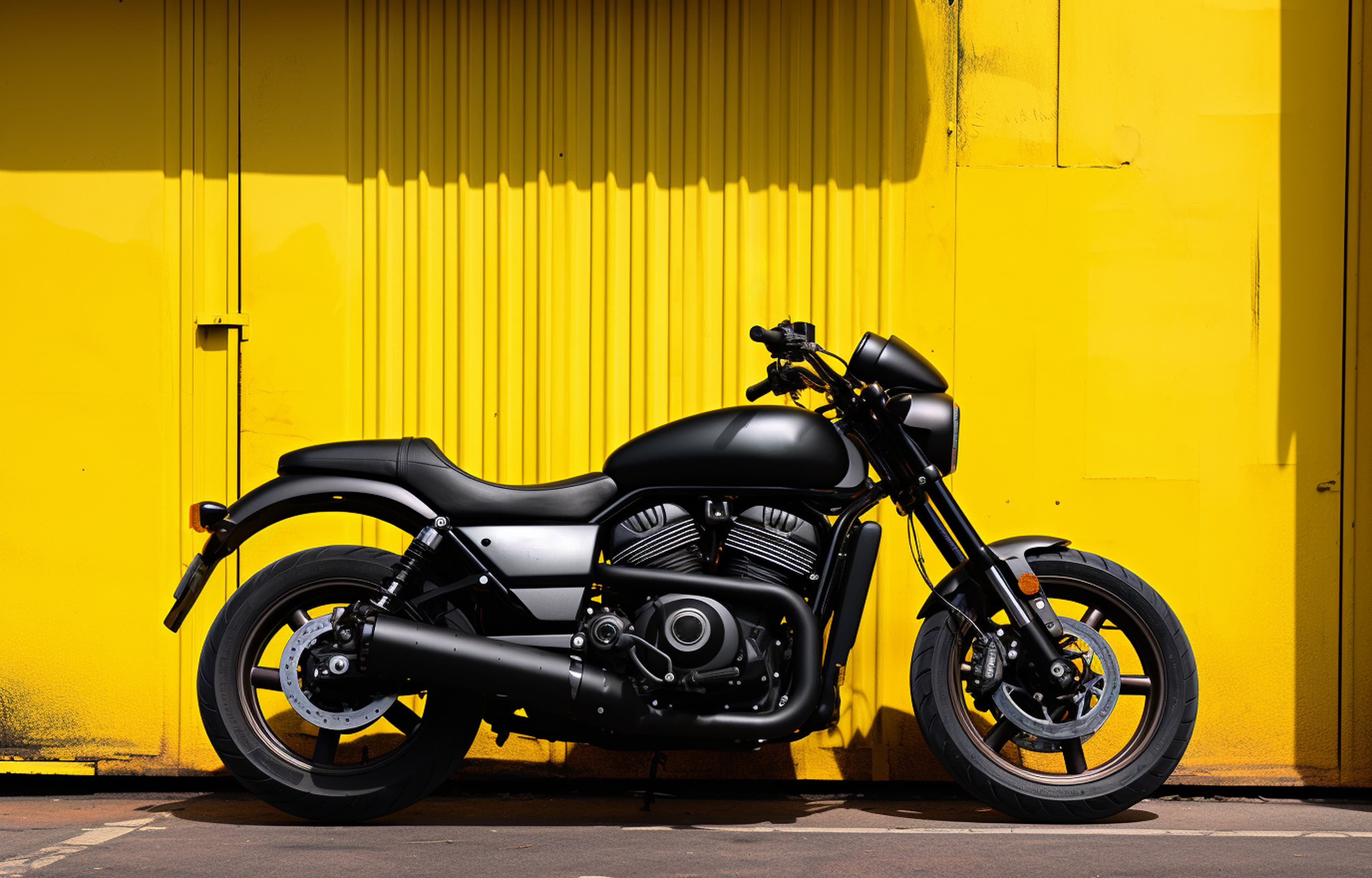 Black motorcycle against yellow wall