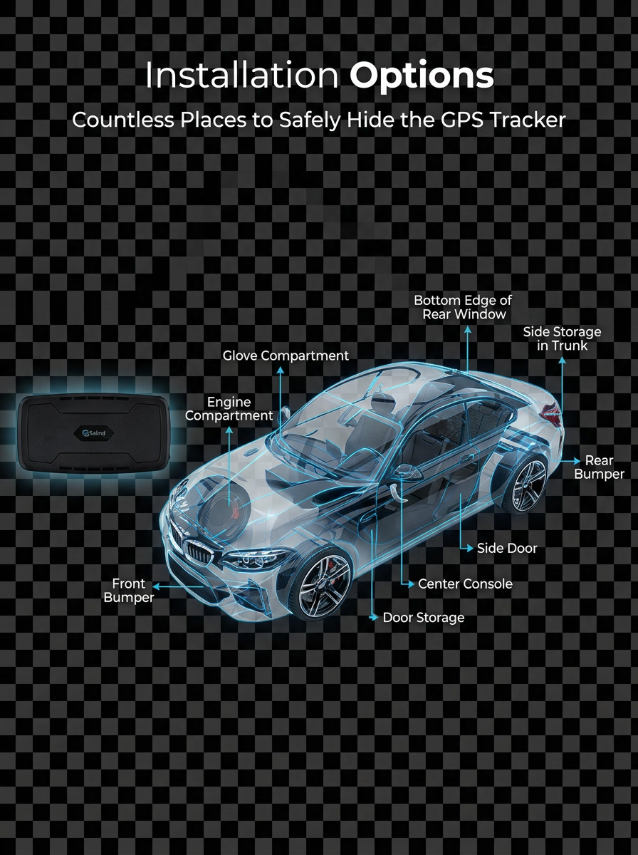 Installation locations under the dash, near the fuse box, or behind a kick panel — three wires to the vehicle battery.