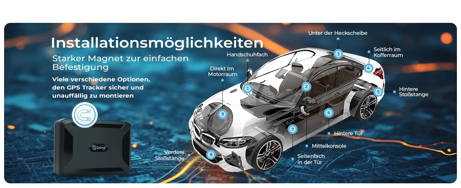 Installationsmöglichkeiten — starker Magnet für einfache Montage, unzählige Stellen, um den GPS‑Tracker sicher am Fahrzeug zu verstecken