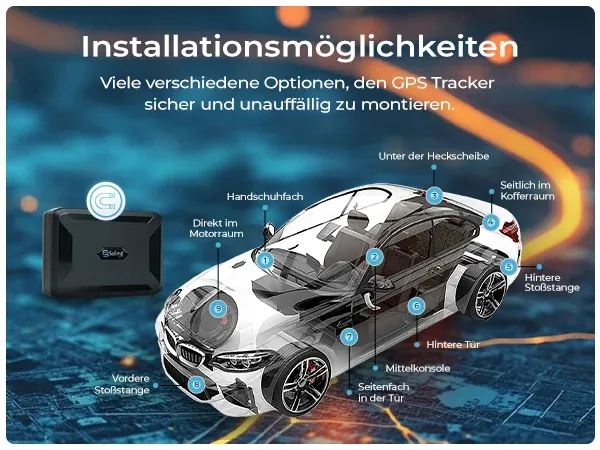 Installationsmöglichkeiten — starker Magnet für einfache Montage, unzählige Stellen, um den GPS‑Tracker sicher am Fahrzeug zu verstecken